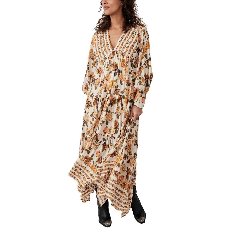 Free People Floral Long Sleeve Dress in Cream and Orange